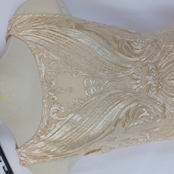 Shall We Cream Embroidered Overlay Cocktail/PartyWedding Dress, 18" PTP, 43" L - Picture 2 of 6